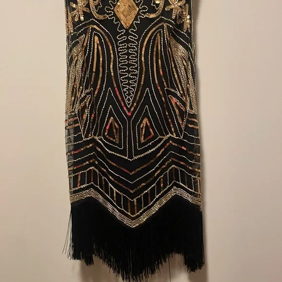 Elegant Black and Gold Embellished Dress 20s Flapper style Medium Great Gatsby - Picture 7 of 17